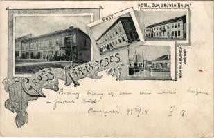 1899 Karánsebes, Caransebes; Hotel zum grünen Baum, Post, Isr. Tempel u. Umgebung, H. Rosenfelds Geschaftslocale / Szálloda a zöld fához, postahivatal, izraelita templom, zsinagóga és környéke, H. Rosenfeld üzlete és saját kiadása / hotel, post office, synagogue, publisher's shop. Art Nouveau, floral (EB)