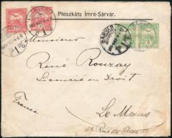 1909 Levél Franciaországba Turul 2 x 5f + 2 x 10f + 1f 25-ös tömb bérmentesítéssel