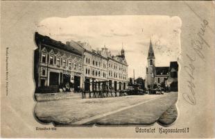 1902 Kaposvár, Erzsébet tér, templom, piac, Kovács Jónás, Török Mór üzlete. Hagelmann Károly kiadása (fl)