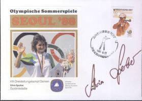 1988 Silvia Sperber olimpiai bajnok saját kezű aláírása alkalmi bélyegzéses borítékon / Autograph of olimpic champion Silvia Sperber on special cancelled envelope