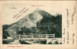 1903 Kapi, Kapusany; várrom, lovaskocsi a fahídon. Fénynyomat Divald műintézetéből / Kapusiansky hrad / castle ruins, horse-drawn carriage on the wooden bridge (EK)