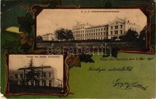 1901 Kamanc, Kamenitz, Sremska Kamenice (Újvidék, Novi Sad); K.u.K. Infanterie-Cadettenschule, Kastel des Grafen Karácsanyi / Osztrák-magyar gyalogsági kadétiskola, Gróf Karácsonyi kastély. J. Singer Hofphotograph. Szecessziós litho keret / K.u.K. military infantry cadet barracks, castle. Art Nouveau litho frame (b)