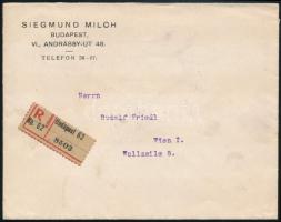 ~1925 Ajánlott levél Bécsbe 1000K, 1 bélyeges bérmentesítéssel / Registered cover with 1000K to Vien...