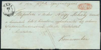 1849 Franco levél "PÁPA" + piros "FRANCO" - "KOMÁROM"