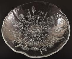 Lepke- és virágos rét mintával díszített vastag üveg kínáló, hibátlan, d: 30 cm