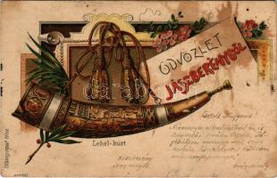 1899 Jászberény, Lehel-kürt, floral, Art Nouveau, litho (lyuk / pinhole)