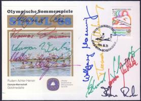 1988 Az olimpiai bajnok német evezőscsapat tagjainak saját kezű aláírása alkalmi bélyegzéses borítékon / Autograph of olimpic champion German rower-team on special cancelled envelope