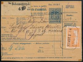 1923 Szállítólevél 5 db bélyeggel és "DOBOZMEGYER" postaügynökségi bélyegzéssel / Parcel card with postal agency postmark