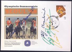 1988 Az olimpiai bajnok német lovascsapat tagjainak saját kezű aláírása alkalmi bélyegzéses borítékon / Autograph of olimpic champion German rider-team on special cancelled envelope