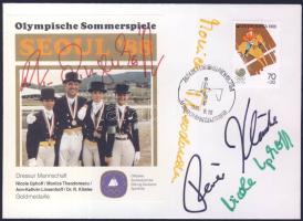 1988 Az olimpiai bajnok német műlovagló csapat tagjainak saját kezű aláírása alkalmi bélyegzéses borítékon / Autograph of olimpic champion German equestrian-team on special cancelled envelope