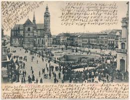1902 Kassa, Kosice; Szabadság tér, dóm, üzletek. titkosírással írva. 2-részes kihajtható panorámalap. Eschwig Ede kiadása, Hajts Kornél felvétele / cathedral, shops, written with cryptography. 2-tiled folding panoramacard (fl)