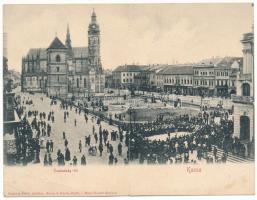 Kassa, Kosice; Szabadság tér, dóm, üzletek. titkosírással írva. 2-részes kihajtható panorámalap. Eschwig Ede kiadása, Hajts Kornél felvétele / cathedral, shops, written with cryptography. 2-tiled folding panoramacard (EB)