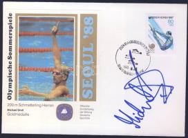 1988 Az olimpiai bajnok német úszó Michael Groß saját kezű aláírása alkalmi bélyegzéses borítékon / Autograph of olimpic champion German swimmer Michael Gross on special cancelled envelope