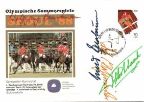 1988 Az olimpiai bajnok német lovas csapat saját kezű aláírása alkalmi bélyegzéses borítékon / Autograph of olimpic champion German rider-team on special cancelled envelope