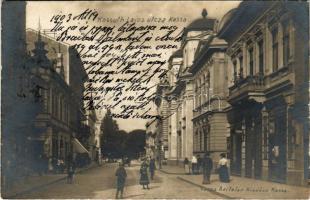 1903 Kassa, Kosice; Kossuth Lajos utca, Vitéz A. üzlete. Varga Bertalan kiadása / street, shops. photo