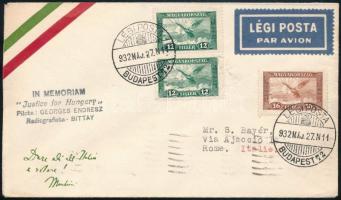 1932 Légi levél Rómába / Airmail cover to Rome "IN MEMORIAM Justice for Hungary"