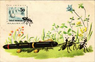 1965 Negyven darab hangya-bélyeg töltőtollra becseréllek! Iskolai takarékbélyeg propaganda lap. Samu Józsefné kiadása / Hungarian School savings stamp propaganda card (EK)