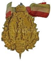 1896. "896-1896" Milleniumi sárgaréz lemezjelvény nemzetiszín szalaggal (41x55mm) T:XF / Hungary 1896. "896-1896" brass sheet badge for the Hungarian Millenium with national ribbon (41x55mm) C:XF