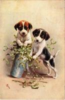 1907 Dogs art postcard, puppies. T.S.N. Serie 635. (gyűrődés / crease)
