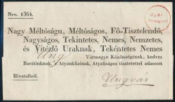 1835 Hivatalos levél piros / red "Györ / Vármegyétől" - Ungvár