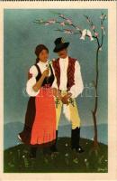 Udvarhelyszék, Scaunul Odorhei; Marosszéki népviselet. Kiadja a Székely Egyetemi és Főiskolai Hallgatók Egyesülete, képeslapfüzetből / Transylvanian folklore, from a postcard booklet s: Szilágyi J.