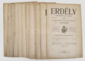 1911 Erdély. Honismertető folyóirat Az Erdélyi Kárpát-Egyesületnek és Muzeumának értesítőjének 10 száma: XX. évf. 11., 12., XI. évf. 3., 4., XXII. évf. 1-8. sz. Főszerk.: Szádeczky Lajos dr. Felelős szerk.: M. Kovács Géza. Kolozsvár, 1911-1913, Erdélyi Kárpát-Egyesület, (Gáman J. Örököse-ny.) Fekete-fehér képekkel, korabeli reklámokkal, menetrenddel. Kiadói papírkötések, nagyrészt jó állapotban,