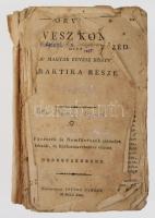 [Diószegi Sámuel]: Orvosi fűvész könyv, mint a' magyar fűvész könyv' praktika része. A' Fűvészek és Nemfűvészek számokra készült, és közhasznavehetővé tétetett. Debreczenbenn, 1813., Csáthy György-ny., 2+XVI+2+384 p. Első kiadás. A Diószegi-Fazekas-féle első magyar növényhatározó 1807-ben jelent meg. A munka sikerét mutatja, hogy majd' egy évszázadig használták. Diószegi ennek folytatásaként adta ki ezt a művét, amely annál jóval ritkábban bukkan fel. Borító nélküli példány, benne sérült lapokkal, hiányos (Igazító Lajstromból: 385-396 p.), rossz, restaurálásra szoruló állapotban.