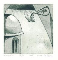 Olvashatatlan jelzéssel: Utcarészlet (olvashatatlan címmel), 2002. Rézkarc, papír. Számozott (III/X). 10x10 cm.