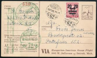1931 Justice for Hungary USA kiadású magán díjjegyes levelezőlap óceánrepüléssel, 20f portóval / Airmail postcard from the USA to Hungary with postage due stamp "JUSTICE FOR HUNGARY"