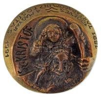 B. Kopp Judit (1943-1995) 1991. "1891 - 100 éves a magyar Társadalombiztosítás 1991 - Szent Kristóf" egyoldalas bronz emlékérem (70mm) T:AU