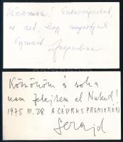 Seregi László (1929-2012) Kossuth-díjas táncművész, koreográfus, illetve Menyhárt Jacqueline (1937-1999) balett-táncosnő, táncpedagógus autográf aláírása és köszönő sorai névjegykártyáik hátoldalán