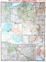 [Térkép] Der westliche Kriegsschauplatz - Der Krieg gegen Russland. (Paasche's Frontenkarte 17). Német nyelven feliratozott, mindkét oldalán nyomott első világháborús fronttérkép. (1917). Stuttgart, 1917. Kartographische Anstalt von Paasche &amp; Luz. Mindkét oldalán nyomott színes térkép, mérete: 560x420 mm egy 605x455 mm méretű térképlapon. Mindkét oldalán színesen nyomott térképünk Walter Paasche osztrák kartográfus munkája, egyik oldalán a francia és olasz, másik oldalán az orosz, balkáni és török hadszínterek térképeivel, 1917 áprilisi állapotuk szerint. 1917 áprilisának legfontosabb geopolitikai eseménye az Amerikai Egyesült Államok hadba lépése az antant oldalán, ennek következményei azonban még nem játszottak szerepet a nyugati fronton (a csapatszállítások még hónapokig elhúzódtak). Térképünk francia frontja így most is állóháborús hadszíntérnek tűnik, ugyanez mondható az olasz frontról is. Sokkal mozgalmasabb viszont az orosz, balkáni és török hadszíntér, melynek résztérképei a hátoldalon tanulmányozhatók. A központi és az antant hatalmak közti frontvonalat vastag vörös vonal jelöli, ez az orosz hadszíntér térképén Rigától Luckon, Csernovicon és Foksányon át Galacig és a Duna-deltáig, a balkáni hadszíntér Albánia legdélebbi részétől a Halkidiki-félszigetig terjed. A Német Császárság 1917 áprilisáig elhódította a cári Oroszországtól Lettország nagyját, Litvániát, Lengyelországot és a fehérorosz területek egy részét. Hadi sikerei részben az orosz belpolitikai válságnak köszönhető, a cári sereg vezetésében II. Miklós 1917 februári lemondása után komoly zavarok mutatkoztak. Az egykori cári seregek Bukovinában ugyanakkor megtartották korábbi területi gyarapodásukat, valamint Moldvába is bevonultak, hogy fenntartsák a hadüzenet nélkül Erdélyre támadó, majd katasztrofális vereséget szenvedő román állam maradványait. A Balkán nyugati részén Szerbia, Montenegró és Albánia szintén kapitulált, ezeken a vidékeken szintén osztrák-magyar és bolgár erők állomásoztak; Görögország egyelőre még semleges maradt, az antant oldalán való belépésére csak térképünk készülte után három hónappal, 1917 júliusában került sor. A keleti hadszíntért mutató oldalunk jobb alsó sarkában a török-orosz-angol összecsapás mezopotámiai, kaukázusi és szuezi melléktérképei. Nemzeti nyelveken feliratozott térképeink domborzati, vízrajzi és közlekedésföldrajzi részleteket is hordoznak, valamint feltüntetik az összes front nevezetesebb erődjeit, melyekért kíméletlen küzdelem zajlott időszakunkban is. Példányunk szélén, a hajtások mentén apró szakadásnyomok. Jó állapotú térkép, hajtogatva.