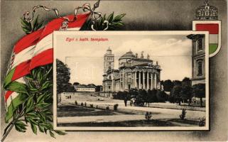 Eger, római katolikus templom. Magyar zászlós címeres szecessziós keret. Baross nyomda kiadása (gyűrődés / crease)