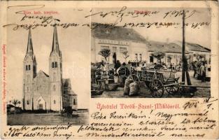 1905 Törökszentmiklós, Római katolikus templom, Piac tér, Külley Béla üzlete, piac. Szigeti Henrik udv. fényképész kiadása (EK)