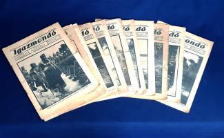 [Folyóirat] Igazmondó. Képes hetilap. Felelős szerkesztő: Lándor Tivadar. Megjelenik minden szombaton. III. évfolyam, 14., 16., 32., 36., 38. szám; IV. évfolyam, 10., 14., 16., 29., 35., 36. szám. (1916. április 1. - 1917. szeptember 8.) [Tizenegy lapszám]. Budapest, 1916-1917. Igazmondó Rt. (Athenaeum Rt. ny.) 18 p.; 16 p.; 16 p.; 20 p.; 16 p.; 16 p.; 20 p.; 16 p.; 28 p.; 16 p.; 16 p. Igazmondó néven több, egymástól független periodikát ismer a magyar sajtótörténet. Lapszámaink az 1914-ben indult, háborús híreket közzé tevő, szövegközti felvételekkel gazdagon illusztrált hetilapból származnak: e folyóirat a nép számára készült legolcsóbb képes hetilapként hivatkozott magára. Szerkesztése és nyelvezete révén lapunk valóban a gazdálkodó és katonafiakat adó népi olvasóközönség figyelmére számíthatott, erről tanúskodnak világháborús és geopolitikai közleményei melletti állandó rovatai: "Gazdálkodás", "Hősök a népből", "Ki tudja, hol van?", illetve "A szerkesztő postája" címmel. "Hősök a népből" rovata háborús hőstetteket ismertet, "A szerkesztő postája" című rovat a háborús hátországból érkező jogi és gazdasági kérdésekre válaszol. Folyóiratunk elbeszéléseit többek között Bársony István és Lampérth Géza jegyzik. 1916 szeptember 2-i lapszámunk a megdöbbenés hangján közli a hírt Románia hadüzenet nélküli támadásáról, az ezt követő lapszám szintén kiemelt hírként közli a román támadás visszaverésének hadi krónikáját. Jóllehet lapunk nem igazán foglalkozik belpolitikával, 1917 húsvéti lapszámunk (IV/14.) vezércikként szerepelteti Tisza István miniszterelnök húsvéti beszédét, 1917. júliusi szám pedig teljes terjedelmében hozza Tisza István képviselőházi felszólalását, mely a politikai helyzetértékelés mellett a kormány választójogi elképzeléseit ismerteti. Utólagos pozícióból kiemelten érdekesnek mondható 1917. március 10-i számunk hazafias töltetű költeménye, "Egy tót magyarbaka levele a frontról" címmel, mely költemény a tót bakaként megalkotott versbeszélő nevében visszautasítja "panye Lloyd George, angol főminiszter" független Tótország megalkotására tett javaslatát. Gyűjteményünk első számának címlapja elvált a füzettől, egy levelén nagyobb hiány, lapszámunk levelein kisebb szakadásnyomok a hajtás mentén. III/38. lapszámunk első két levelén kisebb hiány, néhány lapszám első és utolsó oldalán kisebb foltosság. Fűzve, illusztrált kiadói borítókban.