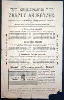 [Aprónyomtatvány] Sigmund József pesti vászon- és fehérnemű kereskedő vállalatának képviselőválasztási zászló-árjegyzéke az 1896. évi országgyűlési választások alkalmából. (1896. október 1.) Budapest, 1896. Sigmund József - Buschmann F. ny. Mindkét oldalán nyomott levél, mérete: 340x210 mm. Az 1846-ban alapított vászonkereskedelmi vállalkozás, Sigmund József belvárosi kereskedése által kiadott képes árjegyzék az 1896. október 29-e és 1896. november 4-e között esedékes országgyűlési választásokra való felkészülésképpen a legváltozatosabb feliratokkal ellátott választási kortes zászlókat, kortes-tollakat és jelvényeket ajánl az érdeklődő vásárlók figyelmébe. Kiadványunk teljesen pártsemleges, egyben emlékezetes példáját nyújtja annak, hogy egy kereskedelmi vállalkozás miként képes kihasználni a választások nyomán megélénkült politikai közérdeklődést. Az ezredfordulós ünnepségsorozatot átélő ország parlamenti választásain végül nem született nagy meglepetés: a Szabadelvű Párt óriási fölénnyel győzött, a mandátumok 70,21%-át elnyerve. Jó állapotú lap, hajtásnyomokkal, apró, lapszéli szakadásnyomokkal, jobb alsó sarkán apró hiánnyal, előoldalán apró kézi számolással.