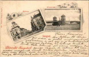 1898 Szeged, Híd utca, Közúti híd, Katai László. Gonda János üzlete. Várnay L. kiadása. Art Nouveau, floral, litho (EK)