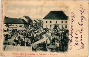 1904 Bán, Trencsénbán, Baán, Bánovce nad Bebravou; Országos vásár, piac, árusok, vendéglő, étterem, kávéház, Heindl György, Róth Miksa üzlete. Fuchs Vilmos kiadása / market, vendors, restaurant, café, shops (fl)