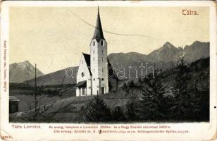 Tátralomnic, Tatranská Lomnica (Magas-Tátra, Vysoké Tatry); Die evang. Kirche m. d. Lomnitzer und Schlagendorfer Spitze / evangélikus templom a Lomnici és Nagy-Szalóki csúccsal. Feitzinger Ede 1902/12. 350. / churches, Lomnicky stít (kopott sarkak / worn corners)