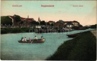 Nagybecskerek, Zrenjanin, Veliki Beckerek; Gizella-part, DDSG (DGT) uszály, csónakázók / Gisella-Quai / riverbank, barge, rowing boat (EK)
