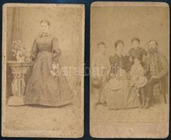 cca 1865 Női és családi portré, 2 db keményhátú fotó Pribék és Társa, Schmidt székesfehérvári műterméből, foltos, 10,5×6,5 cm