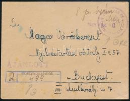 1945 (2. díjszabás) Ajánlott levél 8P készpénzes bérmentesítéssel, szükség ragjeggyel és "MAGYAR POSTA / MEDGYESEGYHÁZA" bélyegzéssel Budapestre / Registered cover with 8P handwritten franking, with auxiliary postmark