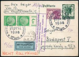 1938 Német díjjegyes levelezőlap légi küldeményként feladva osztrák-német vegyes díjkiegészítéssel Bécsből Budapestre / Airmail German PS-card with Austrian-German mixed franking from Vienna to Budapest