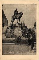 {ERDÉLY} 1940 Kolozsvár, Cluj; Mátyás király szobor. Hátoldalon Kolozsvár hazatért! 1940 szeptember 11-én magyar szalaggal / statue of Matthias Corvinus + "1940 KOLOZSVÁR HAZATÉRT" So. Stpl (EK)