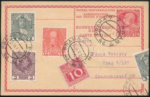 1916 Díjjegyes levelezőlap 9 db bélyeggel kiegészítve, Prága bélyegzéssel / PS-card with additional franking "PRAHA / PRAG"
