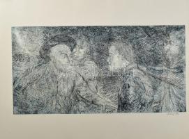 Olvashatatlan jelzéssel (Gazdag Péter?): Társaság. Rézkarc, papír. 30x59 cm