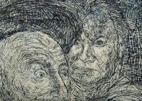 Olvashatatlan jelzéssel (Gazdag Péter?): Társaság. Rézkarc, papír. 30x59 cm