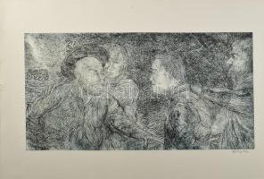 Olvashatatlan jelzéssel (Gazdag Péter?): Társaság. Rézkarc, papír. Lapszéli apró szakadásokkal. 30x59 cm