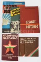 6 db katonai és egyéb témájú kiadvány a szocializmus idejéből: A Nógrádi partizánegység.; Ellenállók az Avas alján.; Hazafiság - gazdaság. X. országos tanácskozás a szocialista hazafiságról Egerben.; Az a két esztendő.; Katonapolitika 1984.; Szentesi György: Tüzérségi rakéták. Bp., 1969-1985, Zrínyi. Kiadói papírkötés, változó állapotban.