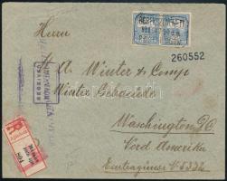 1911 Turul 25f pár ajánlott levélen New Yorkba, "BEREKSZÓNÉMETI" postaügynökségi bélyegzéssel / Registered cover to New York